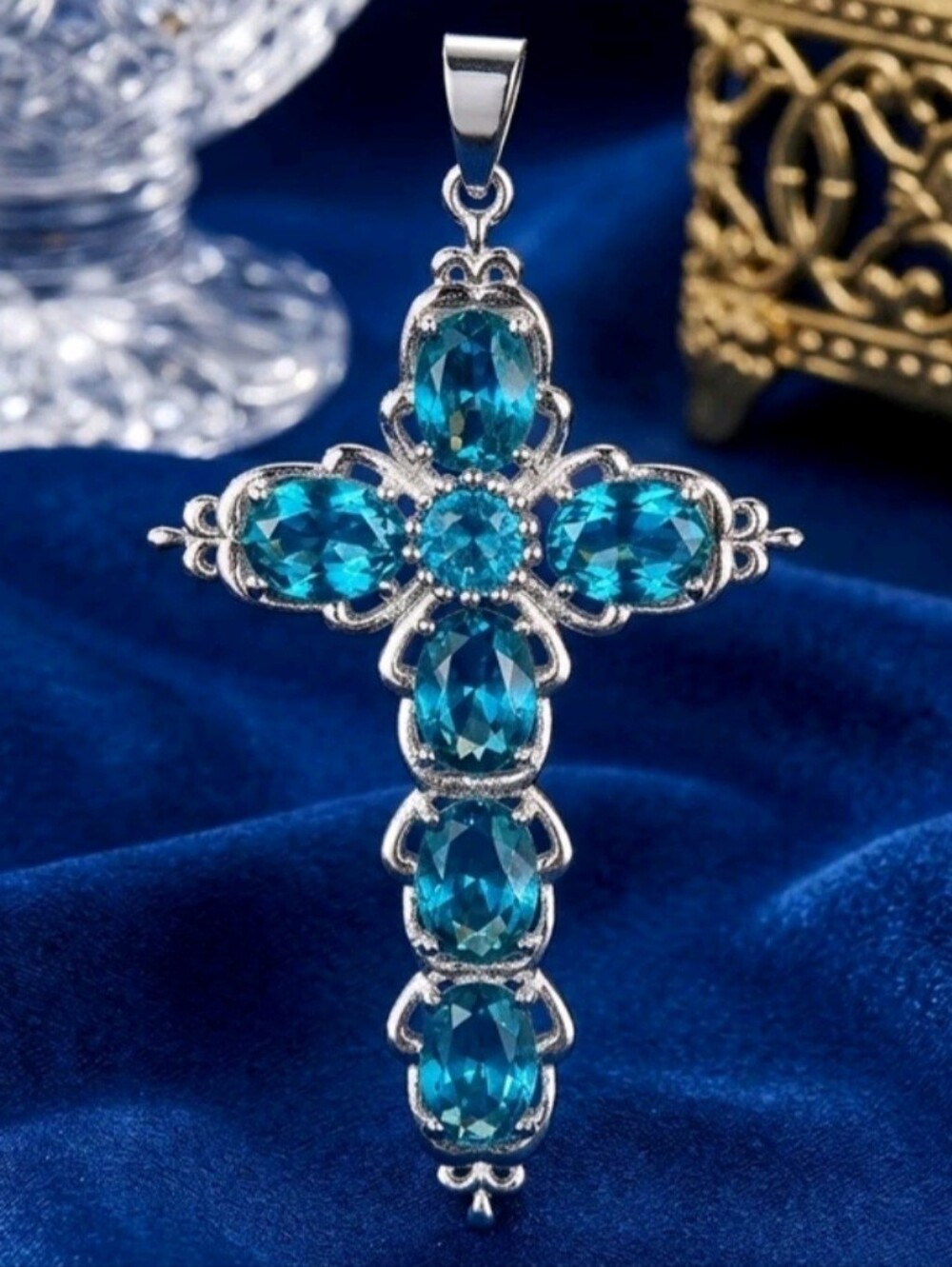 NEW 925 Sterling Silver Aqua Quartz Cross Necklace Pendant 2-3/8" NWOT 💚🩵💙